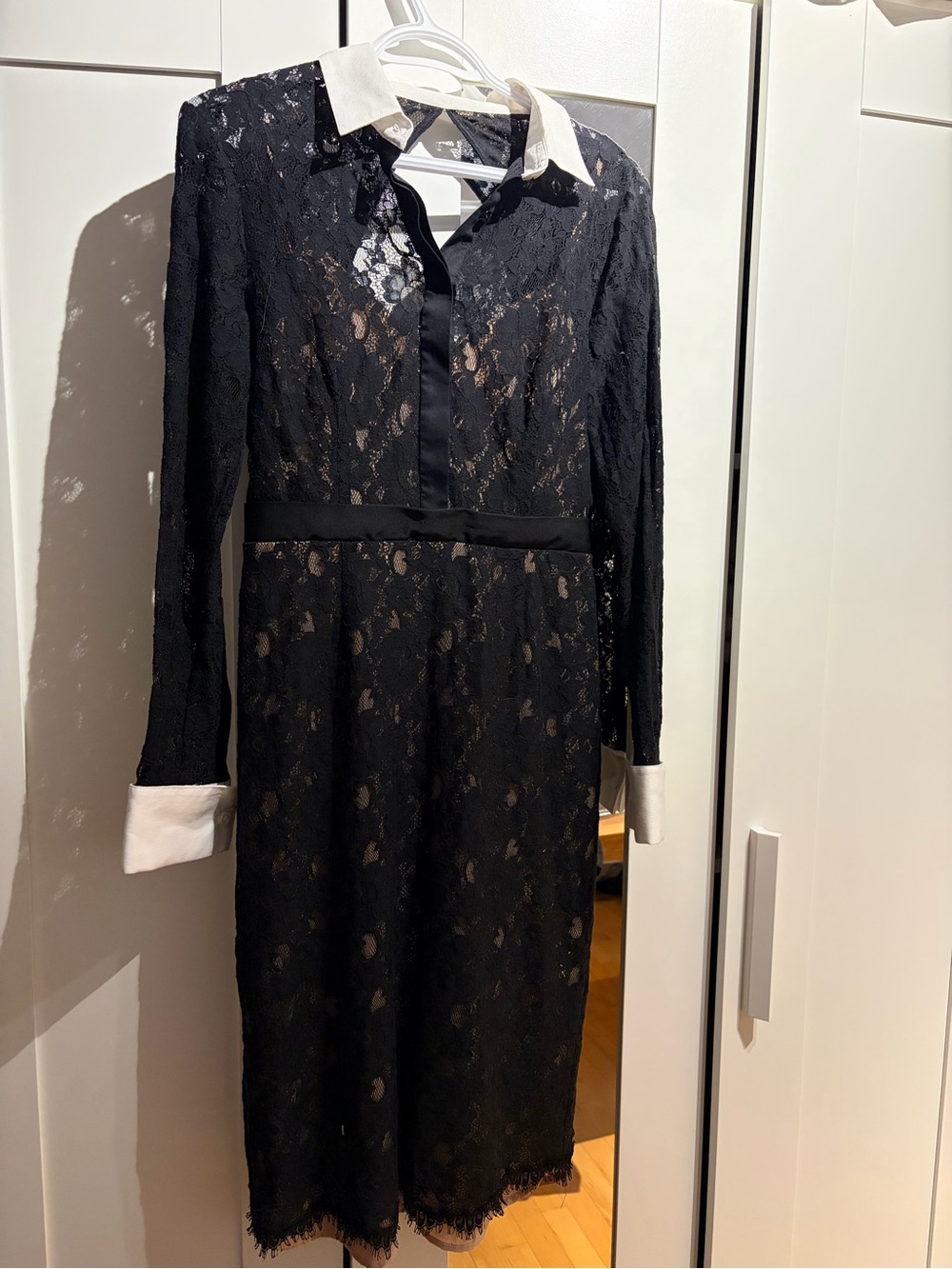 BCBGMaxAzria Black Lace Long-Sleeve Dress with White Collar and Cuffs